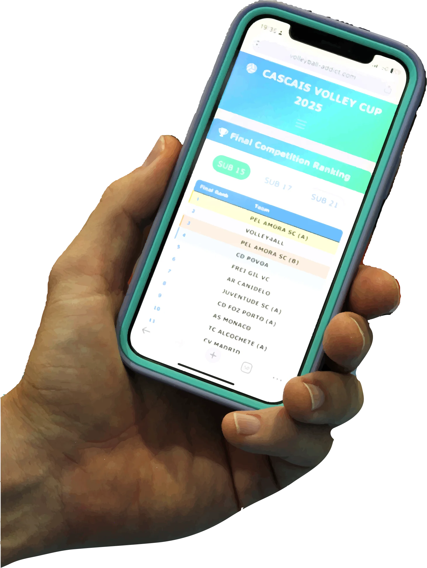 App de la Copa de Voleibol Cascais mostrada en un teléfono móvil